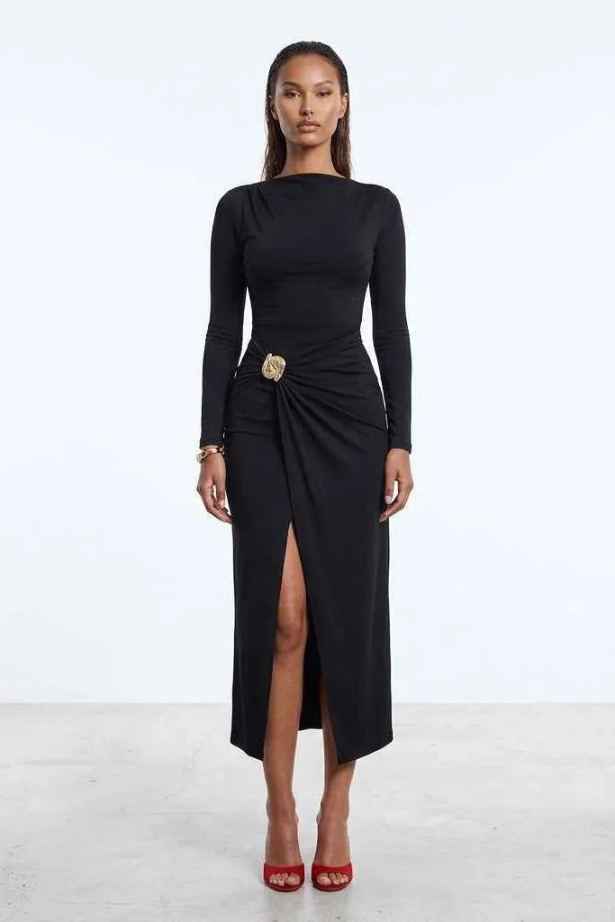 Ruched Slit Long-Sleeve Bodycon Dress