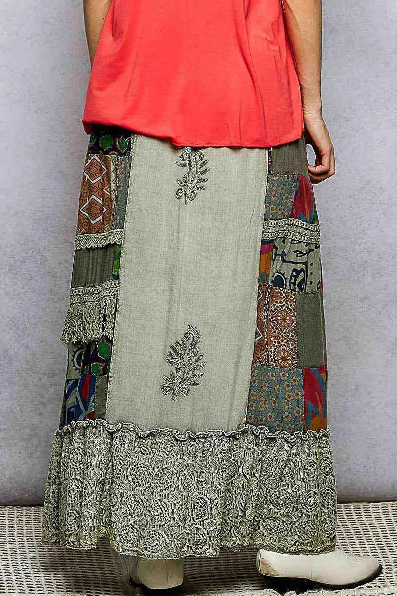 Sagefire Patchwork Embroidered Ruffled Skirt