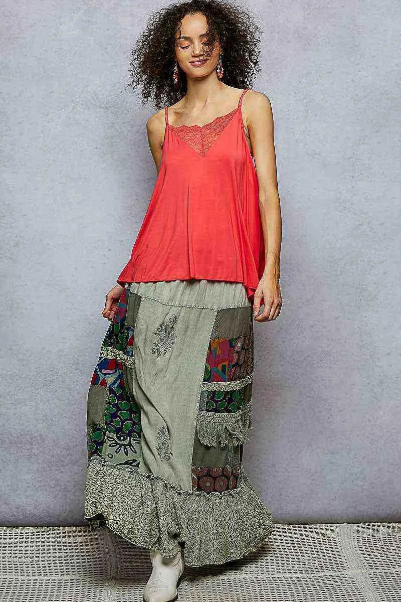 Sagefire Patchwork Embroidered Ruffled Skirt