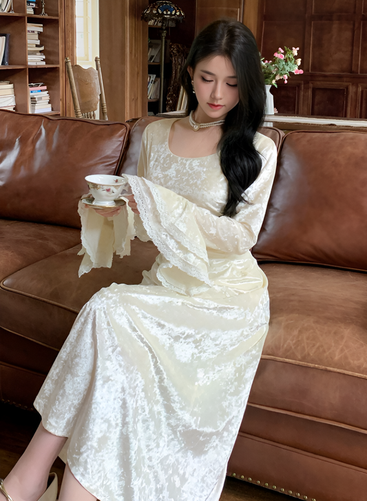 Ethereal Grace Square Neck Velvet Dress