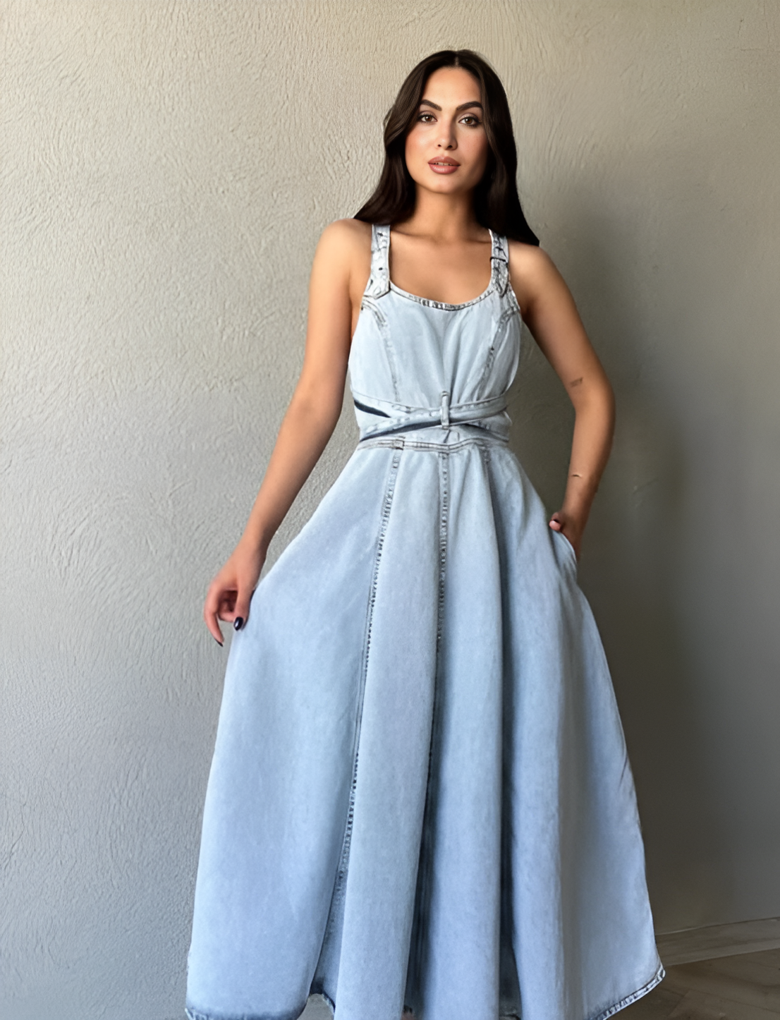 Robe longue à volants en jean Helia