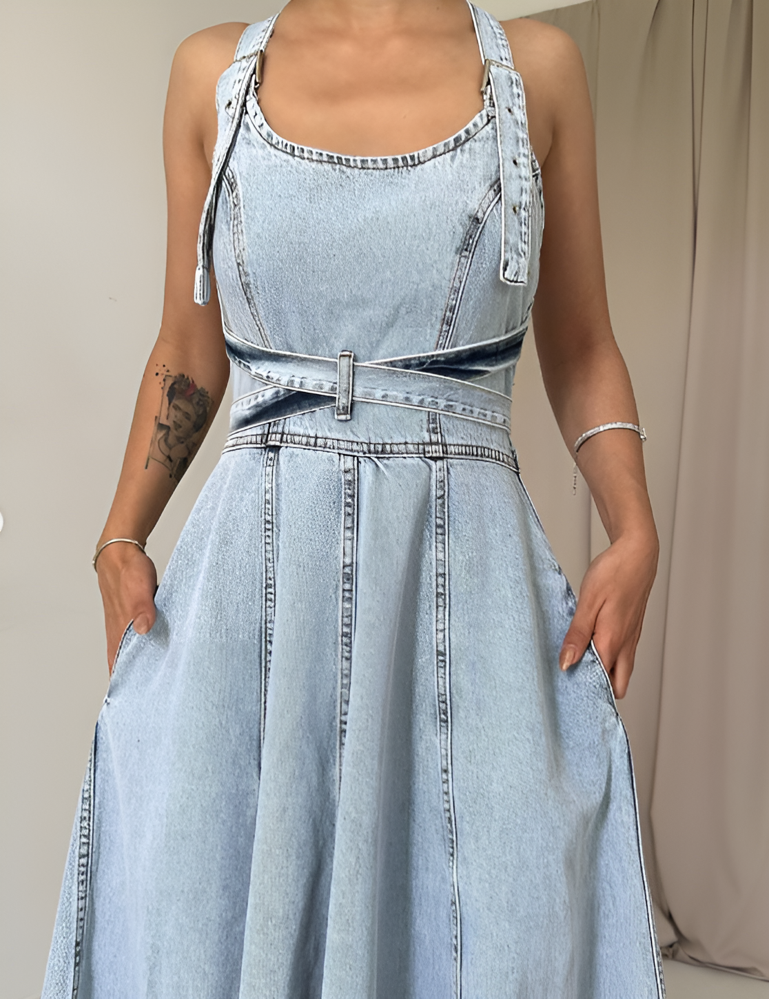 Robe longue à volants en jean Helia