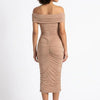 Sculpted in Sand Off-Shoulder Ruched Midi Dress