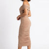 Sculpted in Sand Off-Shoulder Ruched Midi Dress