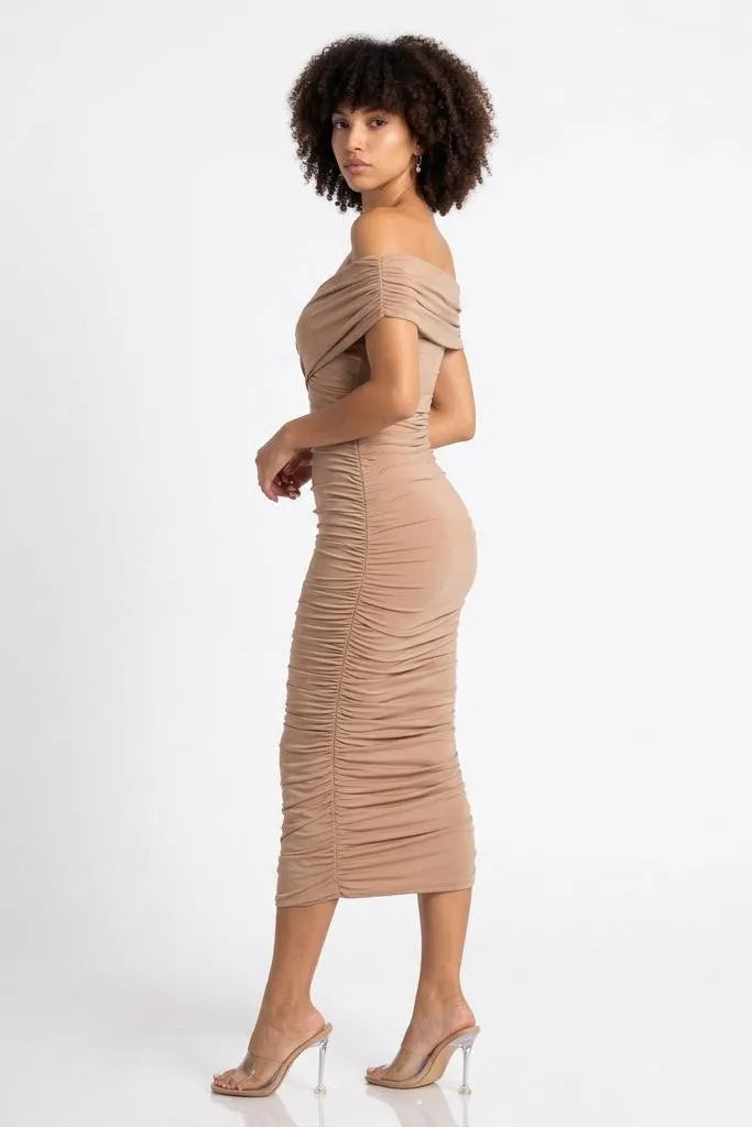 Sculpted in Sand Off-Shoulder Ruched Midi Dress