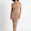 Sculpted in Sand Off-Shoulder Ruched Midi Dress