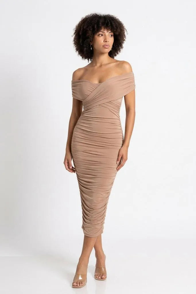 Sculpted in Sand Off-Shoulder Ruched Midi Dress