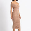 Sculpted in Sand Off-Shoulder Ruched Midi Dress