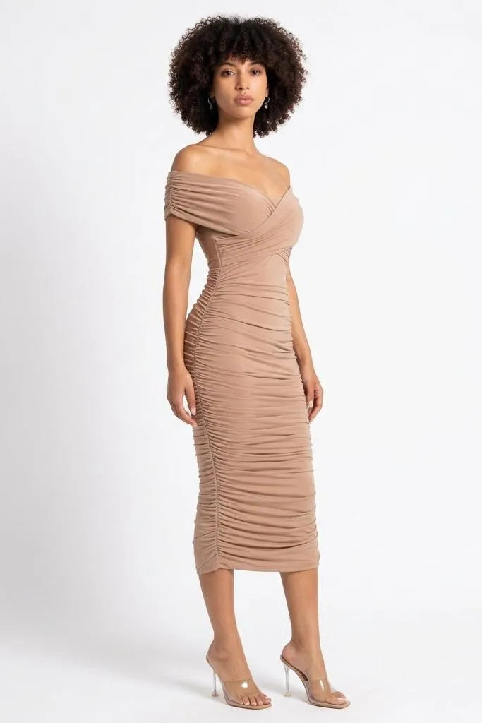 Sculpted in Sand Off-Shoulder Ruched Midi Dress
