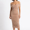 Sculpted in Sand Off-Shoulder Ruched Midi Dress