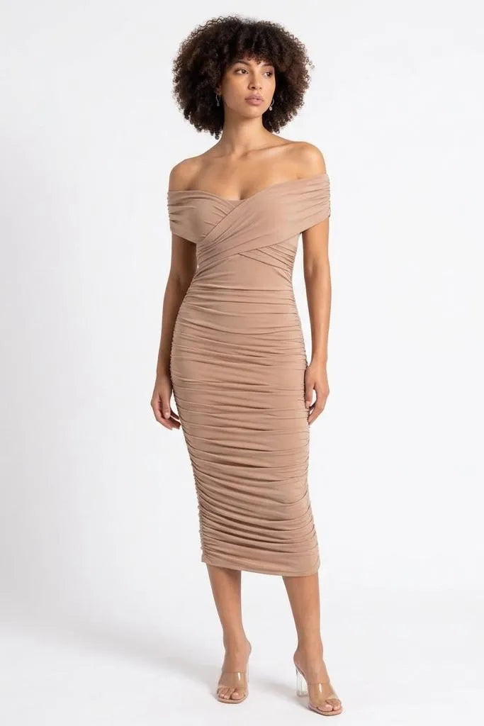 Sculpted in Sand Off-Shoulder Ruched Midi Dress