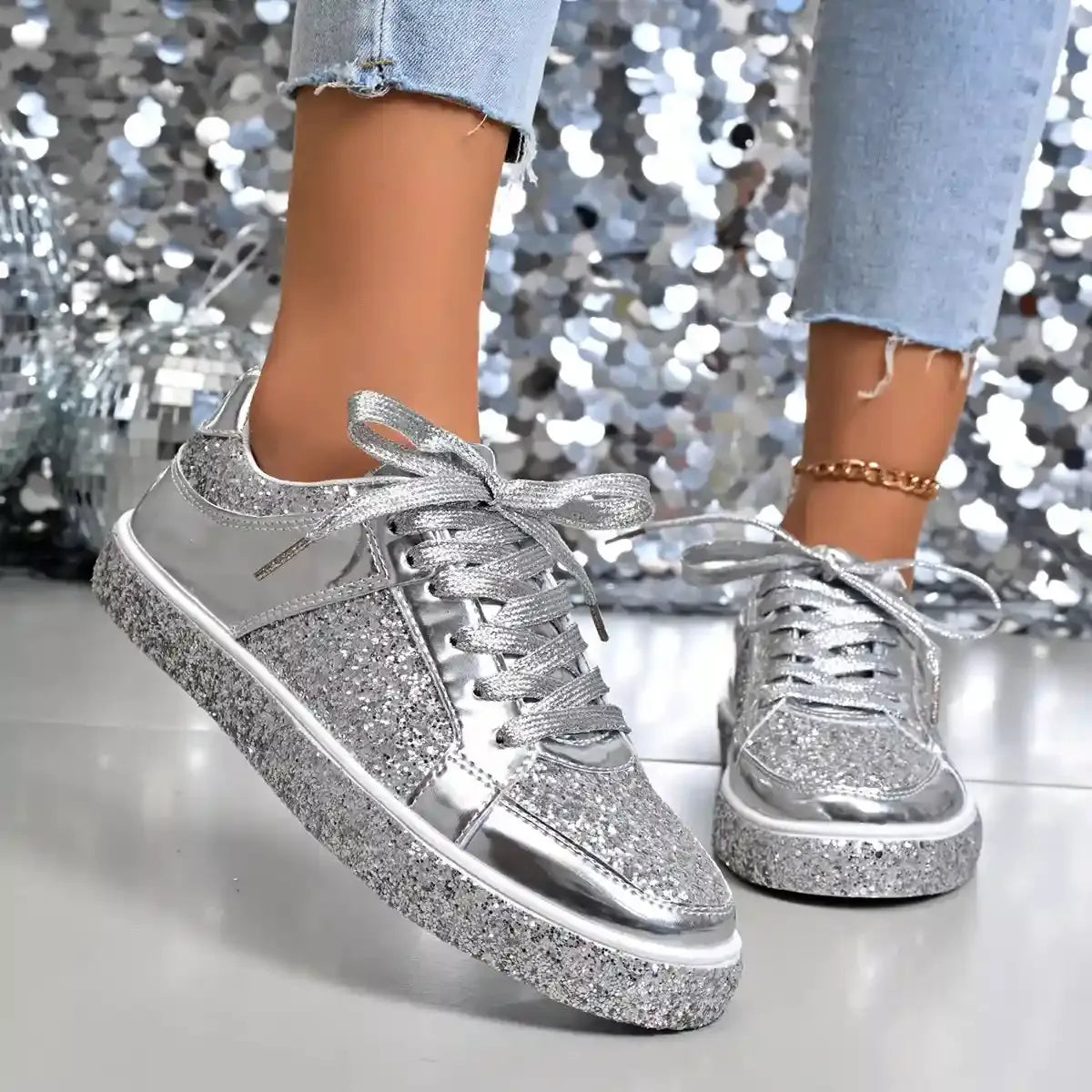 Sequin Hour Glam Lace Up Sneakers
