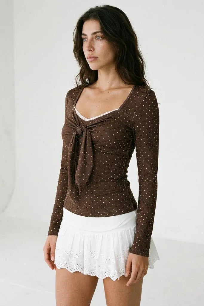 Sweet on You Polka Dot Tie-Front Long-Sleeve Top