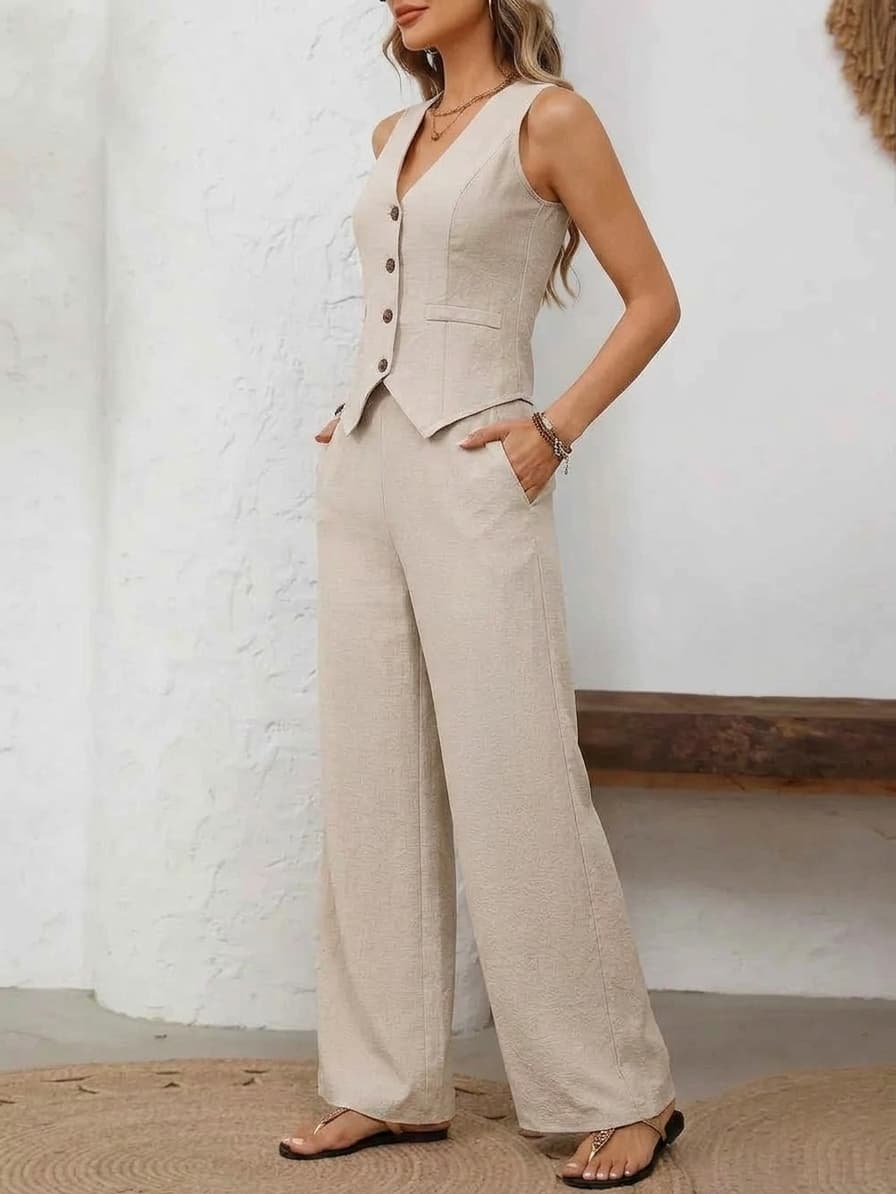 Oatmilk Executive Vest and Wide Leg Pants Set