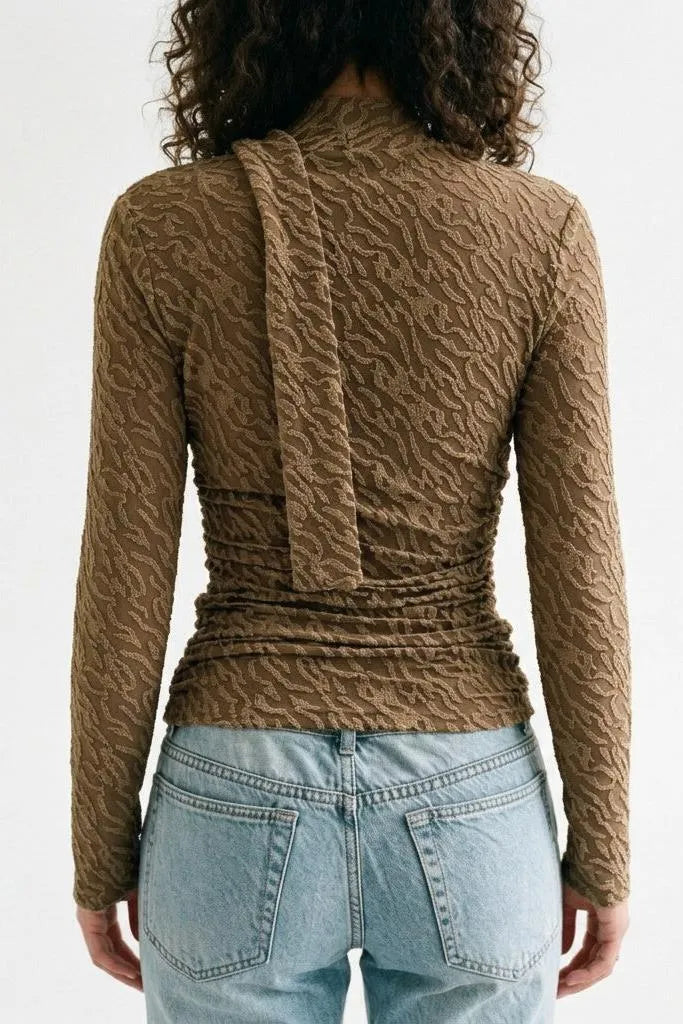 Textured Cowl Neck Long Sleeve Blouse with Scarf Detail