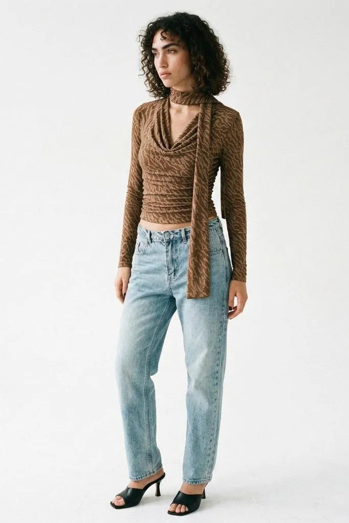 Textured Cowl Neck Long Sleeve Blouse with Scarf Detail