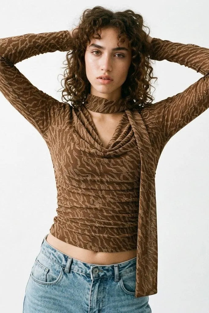 Textured Cowl Neck Long Sleeve Blouse with Scarf Detail