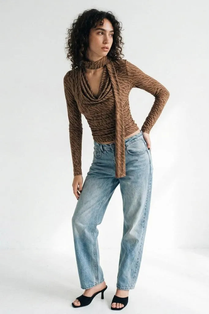 Textured Cowl Neck Long Sleeve Blouse with Scarf Detail
