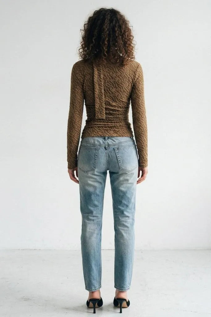 Textured Cowl Neck Long Sleeve Blouse with Scarf Detail