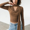 Textured Cowl Neck Long Sleeve Blouse with Scarf Detail