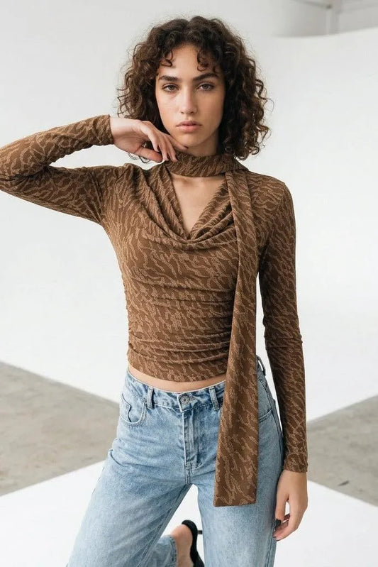 Textured Cowl Neck Long Sleeve Blouse with Scarf Detail