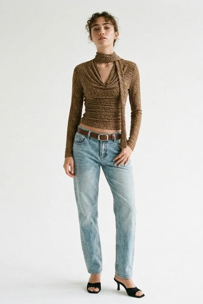 Textured Cowl Neck Long Sleeve Blouse with Scarf Detail