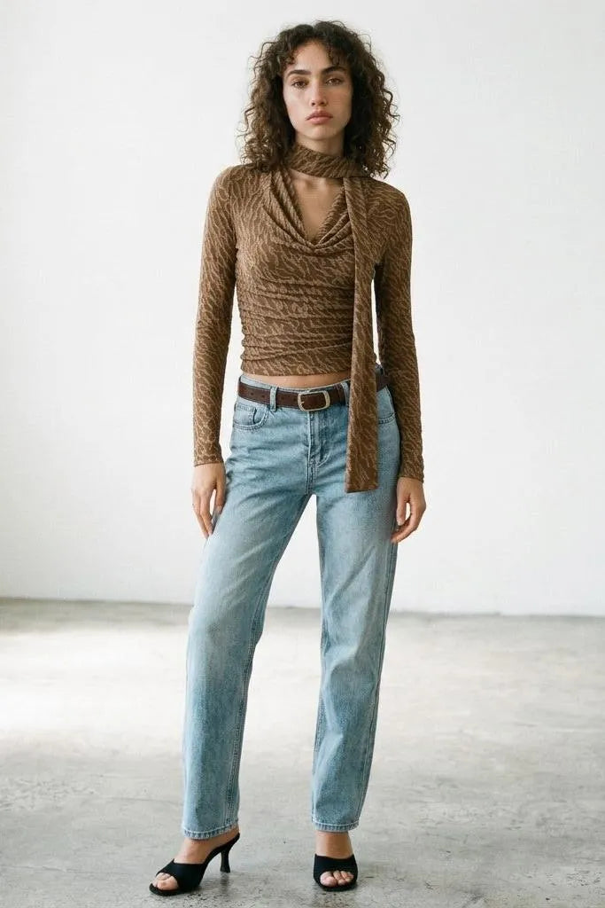 Textured Cowl Neck Long Sleeve Blouse with Scarf Detail