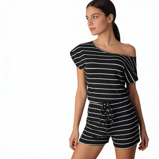 Sundown & Comfy Striped Drawstring Waist Romper