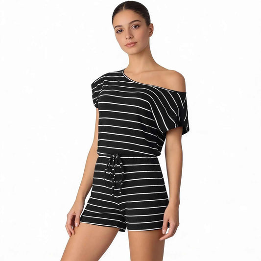 Sundown & Comfy Striped Drawstring Waist Romper