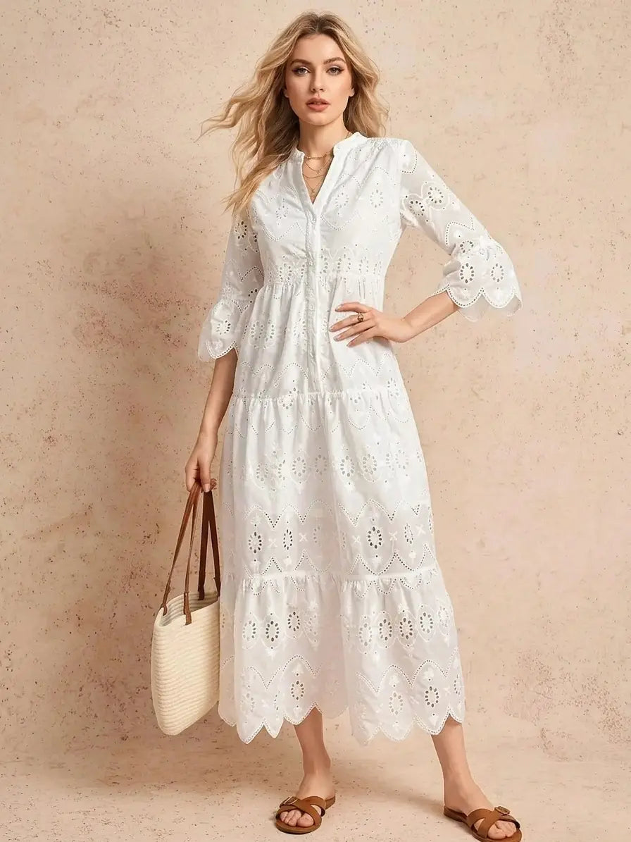 Eyelet Notched Tiered Midi Dress