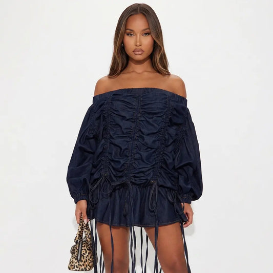 Indigo Tethered Off-Shoulder Denim Dress