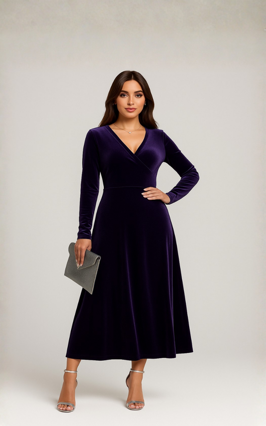 V-Neck Long Sleeve Velvet Dress