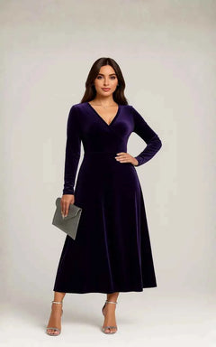 V-Neck Long Sleeve Velvet Dress
