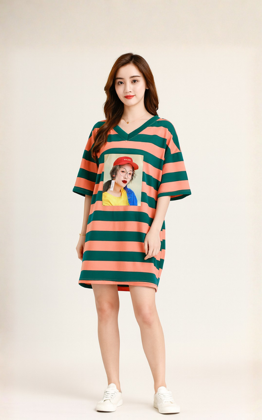 Sorbae V-Neck Rainbow Stripe T-Shirt Dress