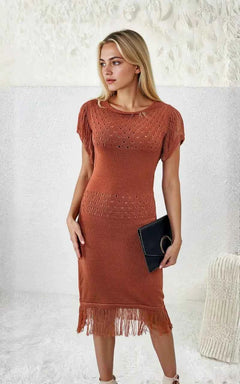 Fringe Openwork Boat Neck Knit Dress