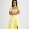 Puff Sleeve Tie Front Slit Midi Dress