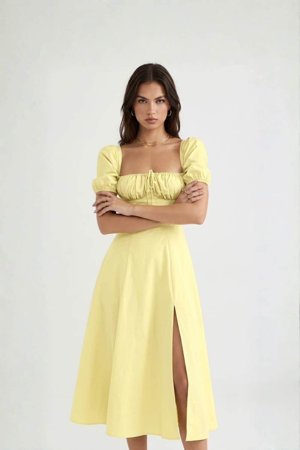 Puff Sleeve Tie Front Slit Midi Dress