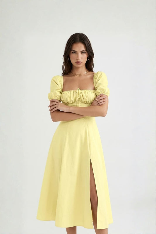Puff Sleeve Tie Front Slit Midi Dress