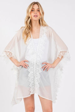 Ivory Whispers Floral Pattern Trim Detail Poncho