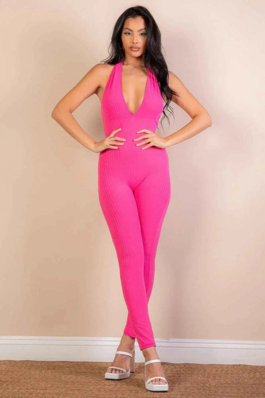 No Leash Needed Halter Ribbed Bodycon Jumpsuit
