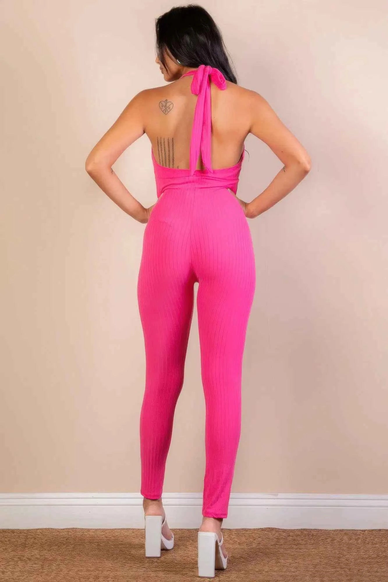 No Leash Needed Halter Ribbed Bodycon Jumpsuit