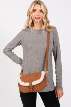 Fleece Trimmed Solid Crossbodybag Adjustable Strap