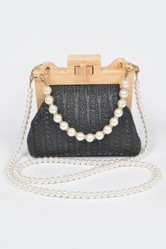 Faux Straw Wood Frame Clutch W/ Faux Pearl Chain