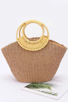 Faux Straw Bamboo Handle Tote Bag