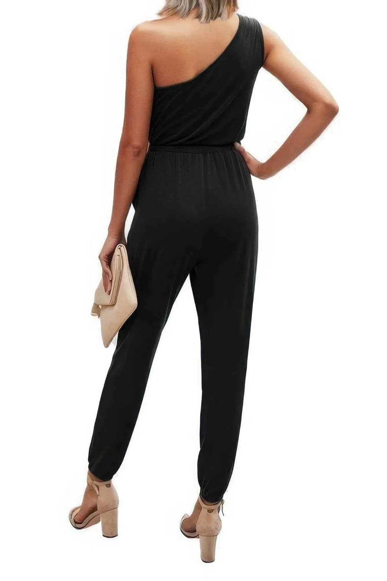 Back To Basics One Shoulder Elastic Waist Jumpsuit