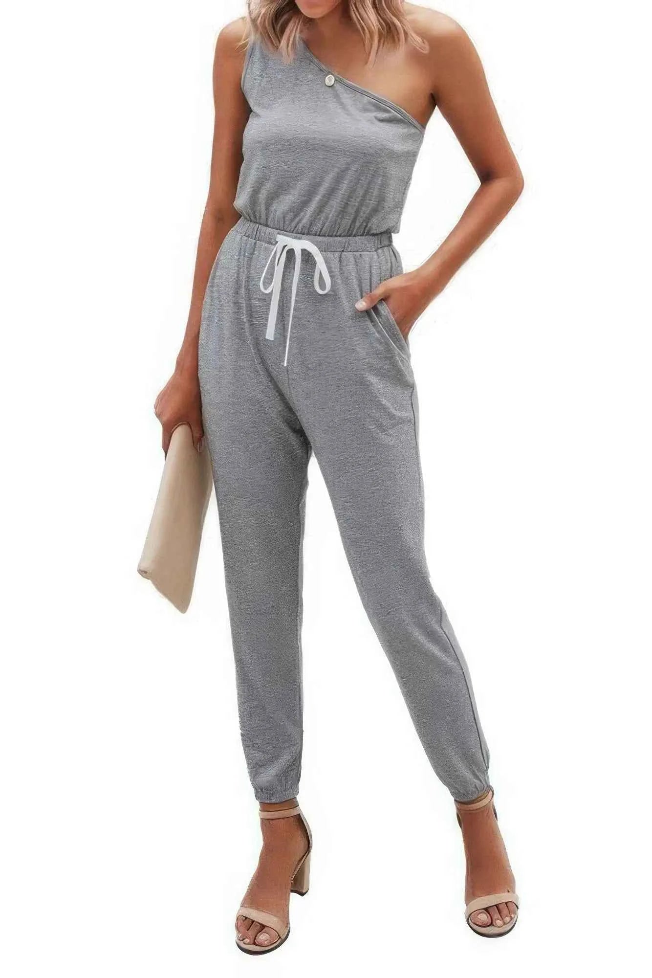 Back To Basics One Shoulder Elastic Waist Jumpsuit