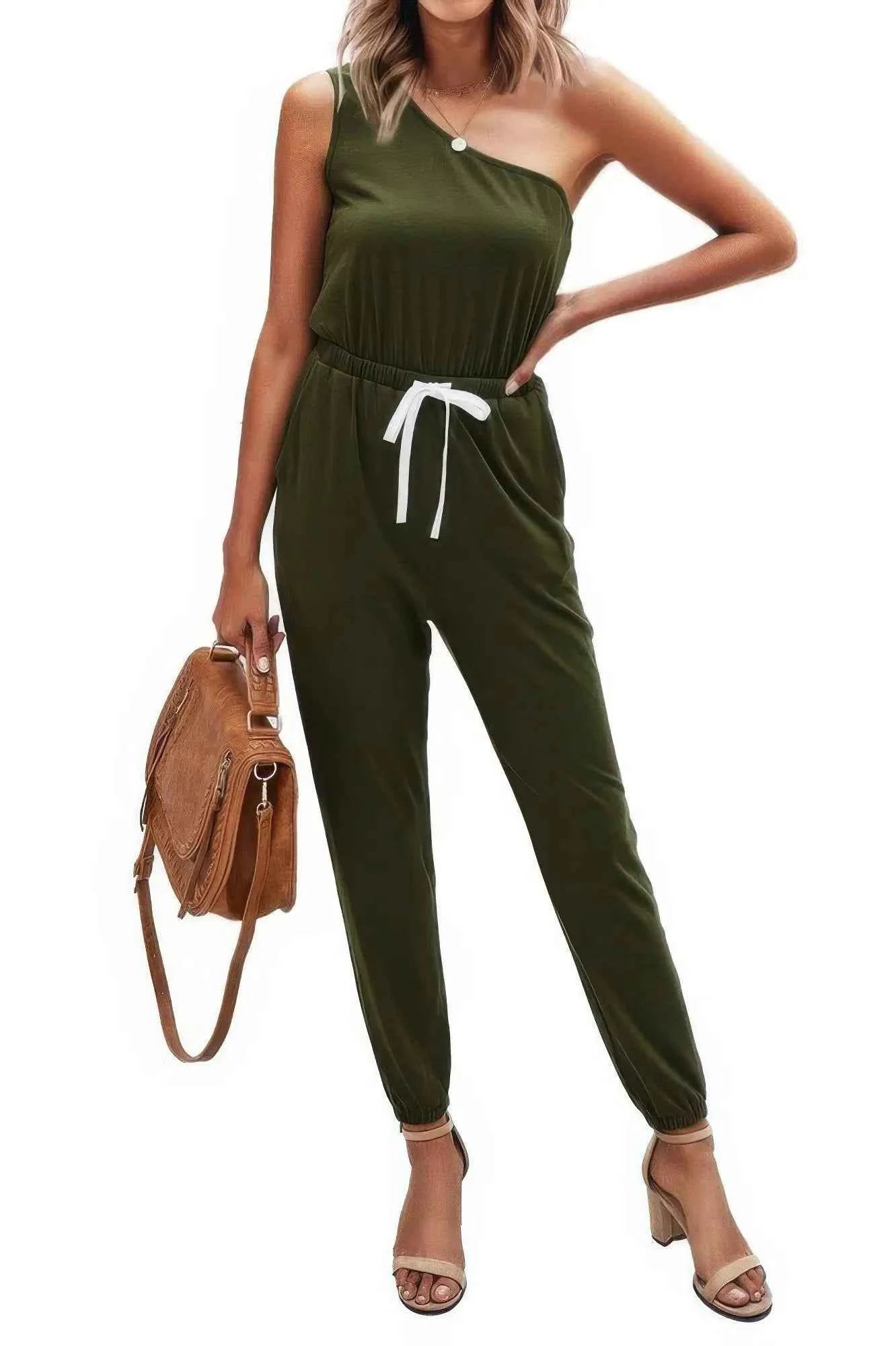 Back To Basics One Shoulder Elastic Waist Jumpsuit