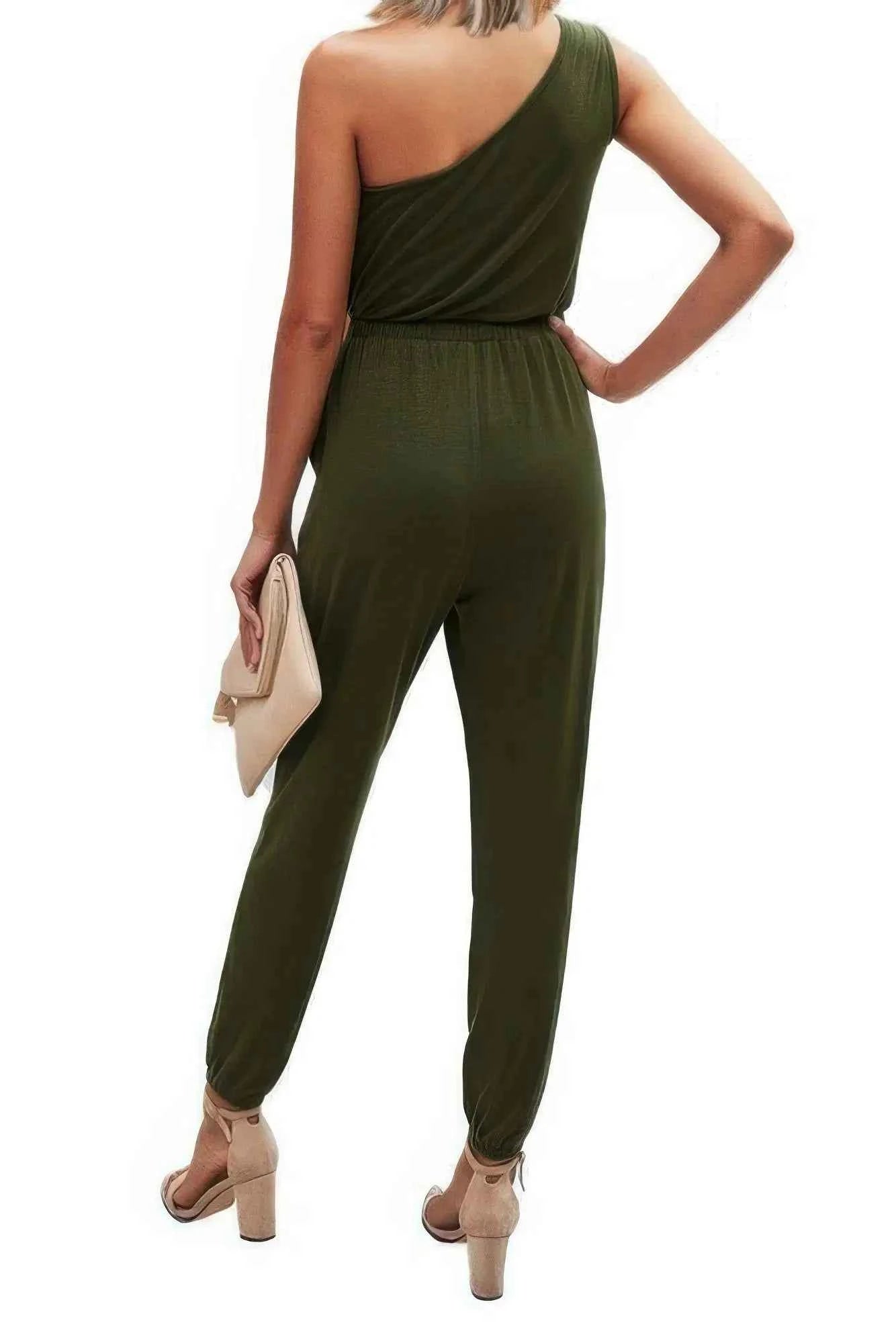 Back To Basics One Shoulder Elastic Waist Jumpsuit