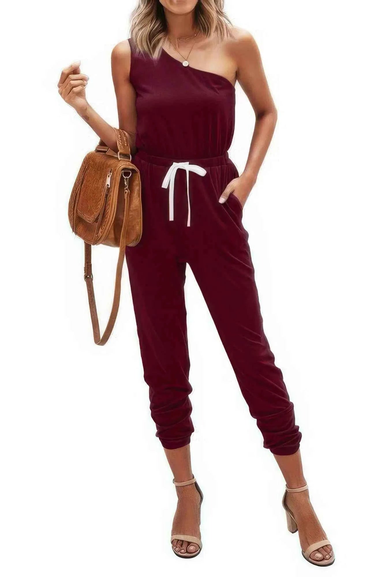 Back To Basics One Shoulder Elastic Waist Jumpsuit