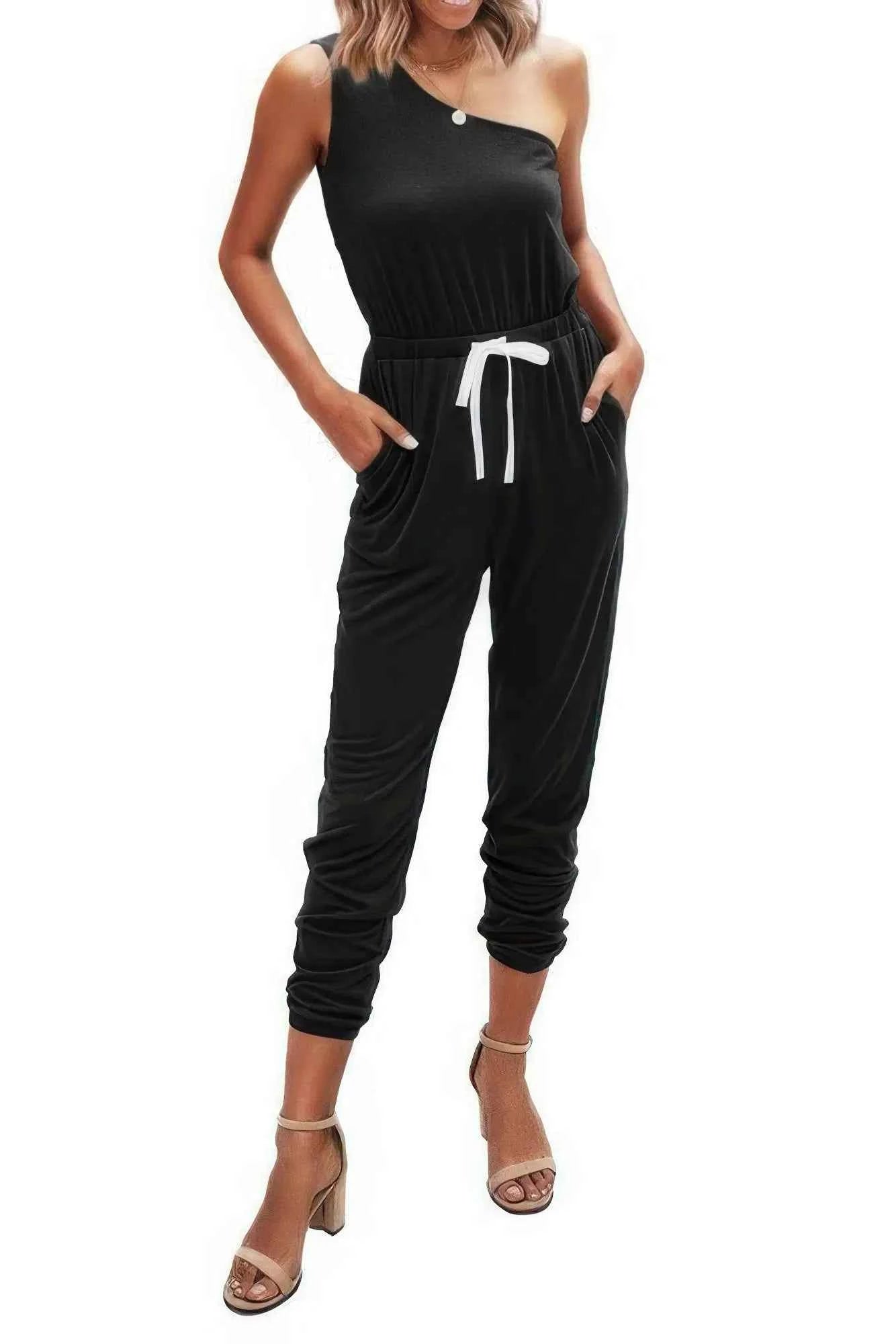 Back To Basics One Shoulder Elastic Waist Jumpsuit